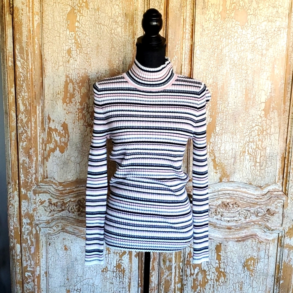 T TAHARI Striped Mock Neck Long sleeve Top Size Large